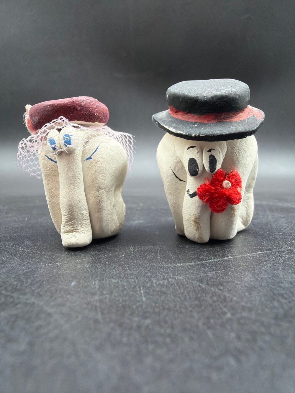 Vintage Handmade Ceramic Elephant Bride Groom Miniature Wedding Figurines Set